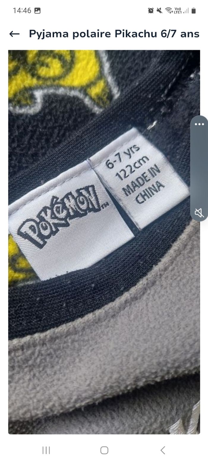 Pyjama polaire Pikachu taille 6/7 ans - photo numéro 4
