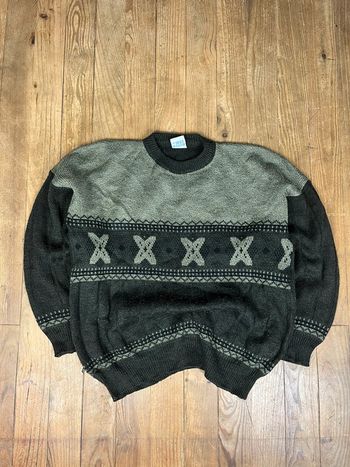 Pull maille vintage motifs rayures marron kaki L