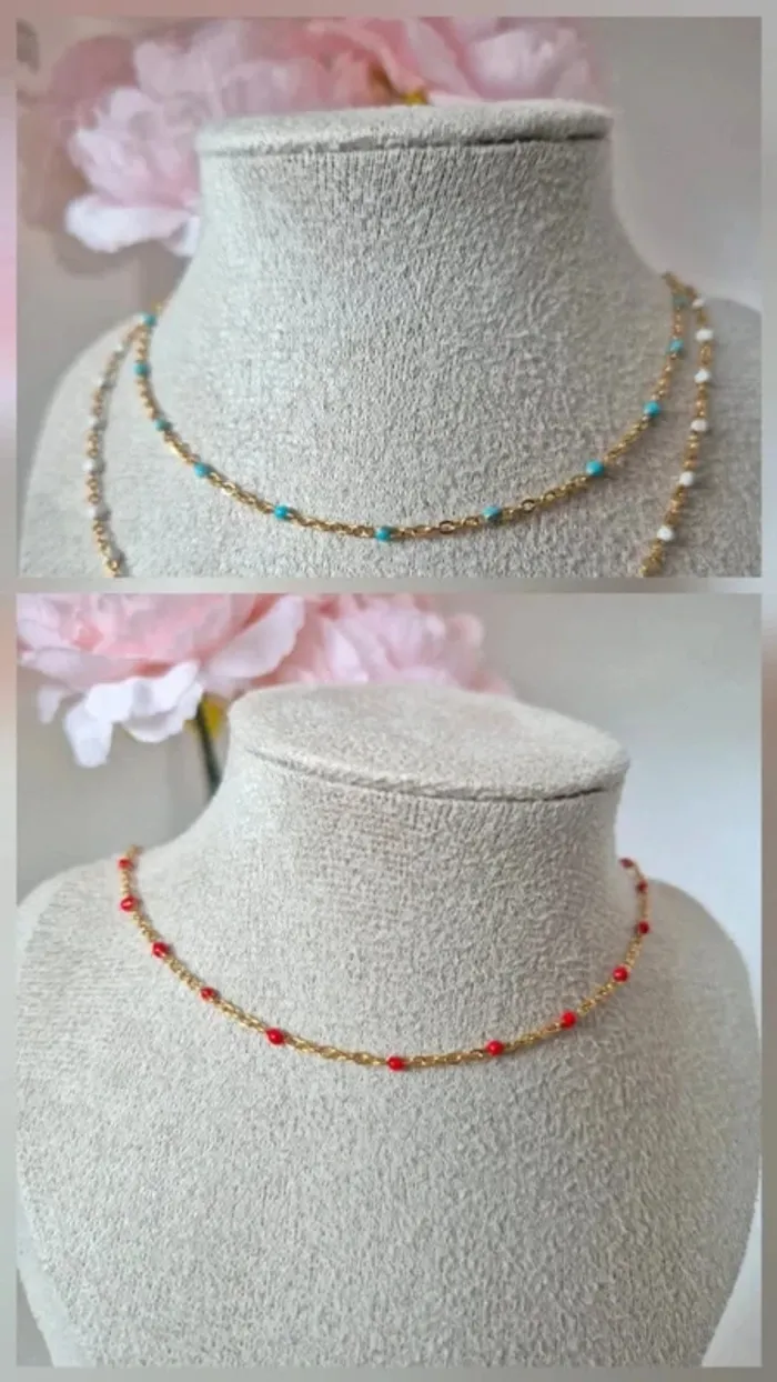 Lot de 2 colliers ras du cou : 1 turquoise + 1 rouge