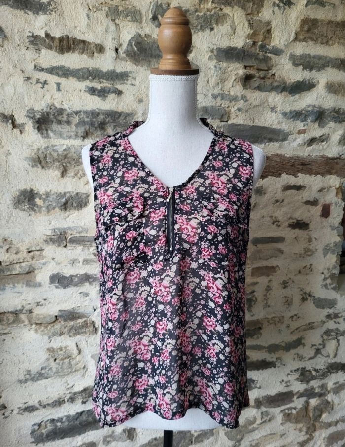 Débardeur style blouse fleurie noire et roses Mim Taille 40 - photo numéro 1