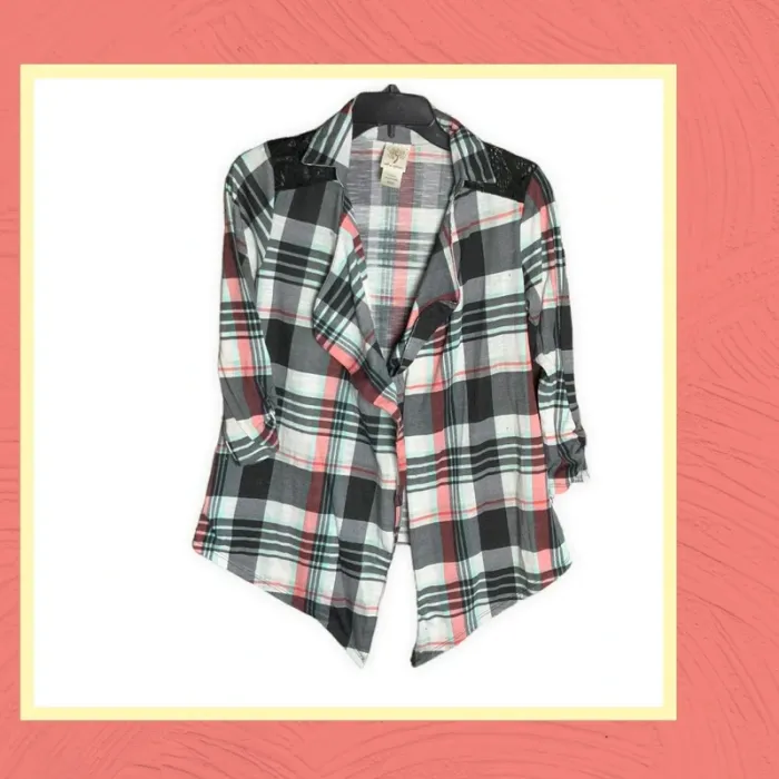 Self Esteem Multicolored Plaid Open Shirt w Lace on Shoulders Jr or Wm S