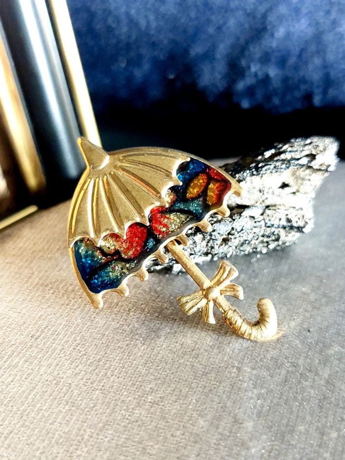 Broche parapluie vintage métal doré et émail - photo numéro 5