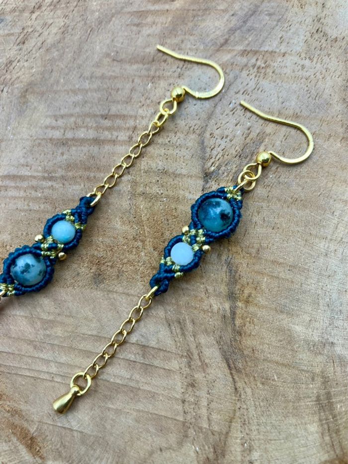 Boucles d’oreilles pendantes dépareillées macramé pierre Jaspe, Amazonite - photo numéro 2