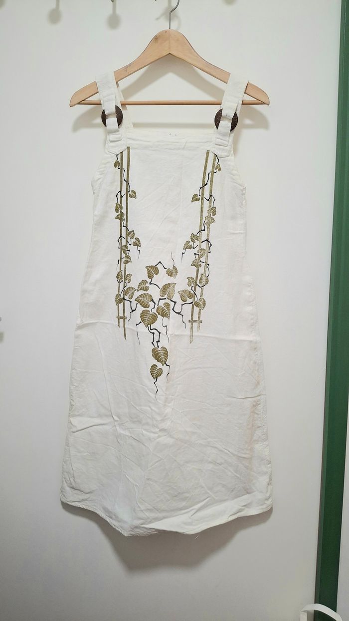 Robe florale en lin, avec cercles en bois décoratifs aux bretelles (Taille unique, voir mesures)