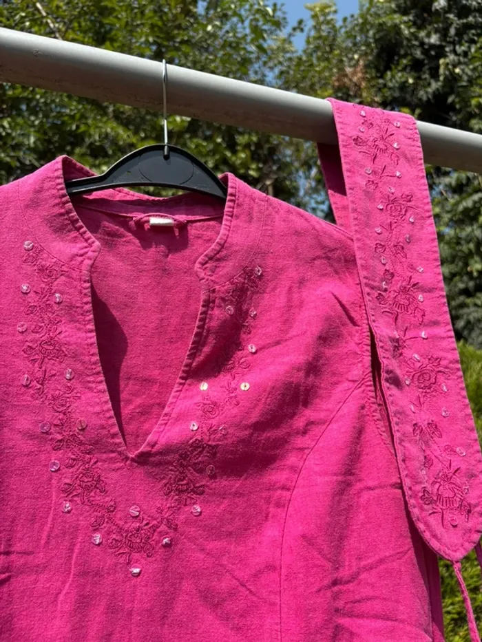 Tunique avec ceinture rose en lin – Marque non précisée - photo numéro 3