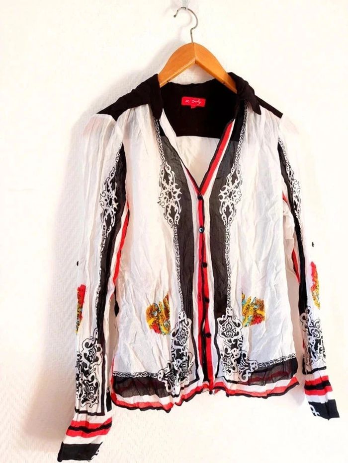 magnifique chemise manches longues, blanche, noir et rouge vintage - photo numéro 2