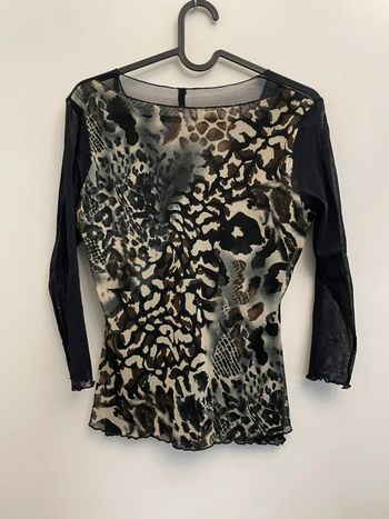 Top haut manche 3/4 transparent mesh imprime motif rétro vintage