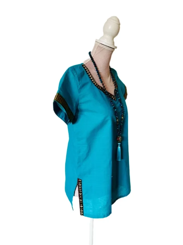 🩵🦋Blouse artisanale T.36 indienne bohème chic ethnique Bohemian Pondicherry cotton blouse🦋🩵 - photo numéro 6
