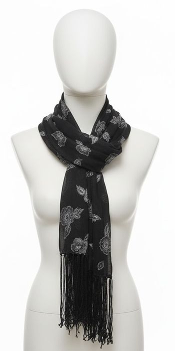 Écharpe Noire Élégante à Fleurs Argentées