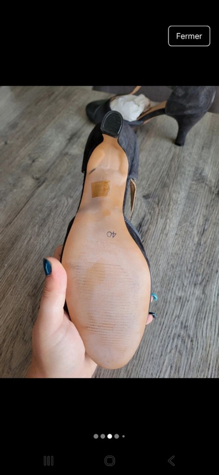 Escarpins ouvert noir anthracite cuir et daim à talon - photo numéro 6