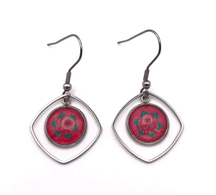 Boucles d'oreilles Pendantes Carrés Arrondis avec Cabochon en Verre 12 mm, en Acier Inoxydable