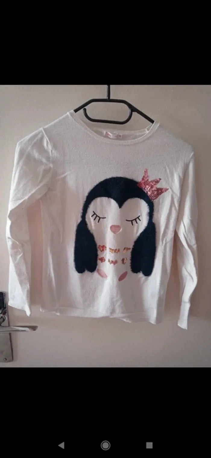 Pull fin en laine blanc avec motif pingouin