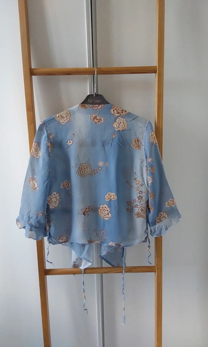 Superbe ensemble fluide Vintage bleu fleuri marron jupe et veste boléro T40 - photo numéro 16