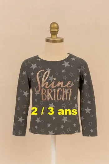 Tee shirt manche longue gris motif étoile imprimé rose brillant Primark Taille 2 / 3 ans