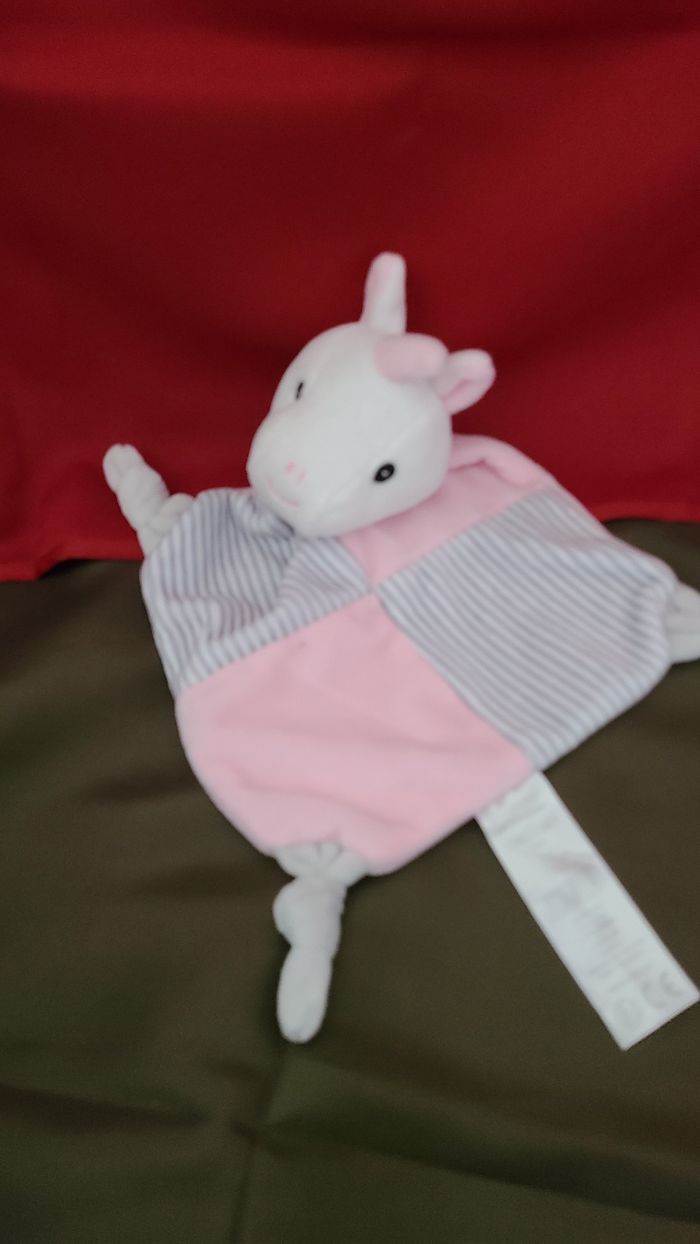 Doudou plat Licorne grelot rose blanc rayé gris TOM & KIDDY - photo numéro 2