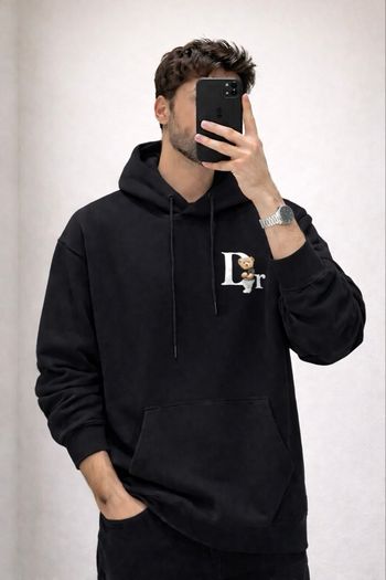 Sweat à capuche noir teddy Dr bear logo oversize streetwear taille L
