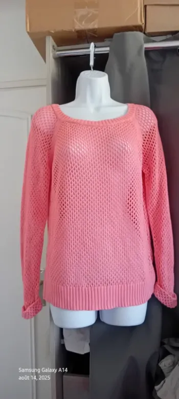 Pull manches longues maille crochet ajourée rose en coton femme 38 esmara