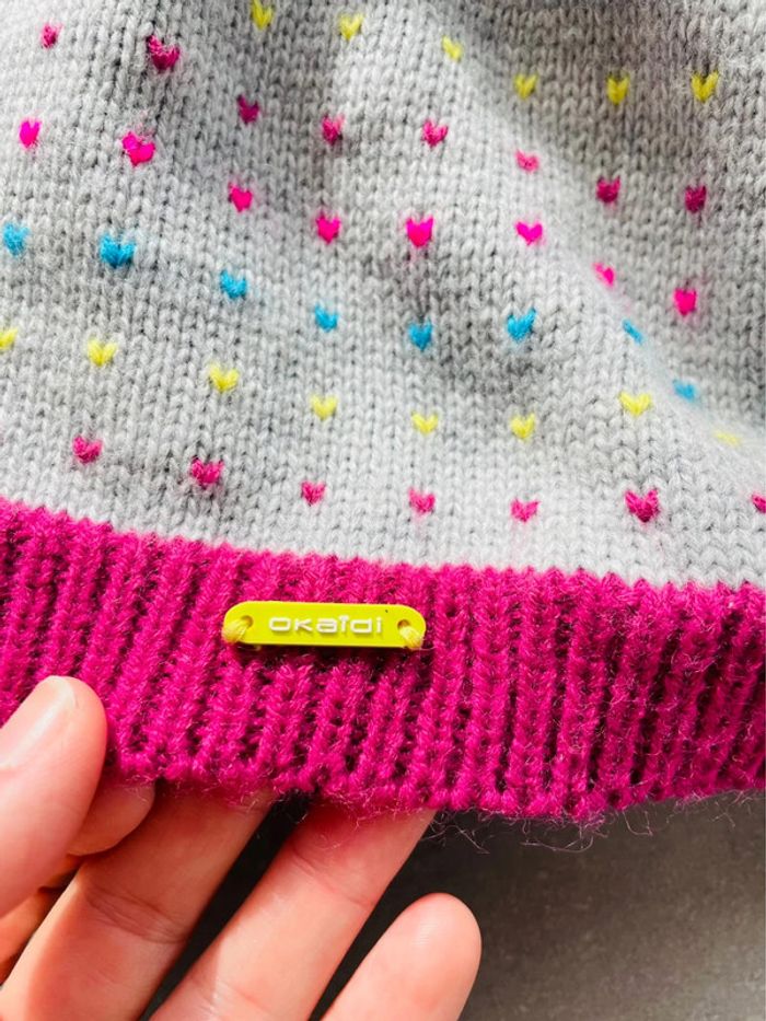 Bonnet hiver multicolore fille avec pompon - photo numéro 2