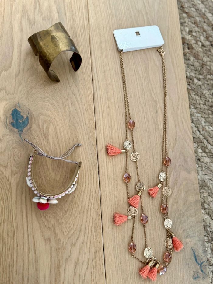 Collier sautoir corail pompons été strass boucle d’oreilles Ketting Halskette Necklace Collar Colar - photo numéro 3