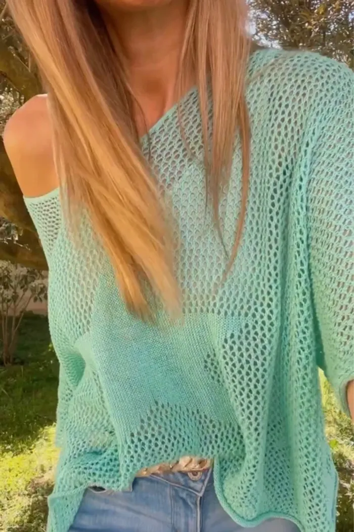 Top maille ajourée turquoise avec étoile-Taille unique. - photo numéro 6