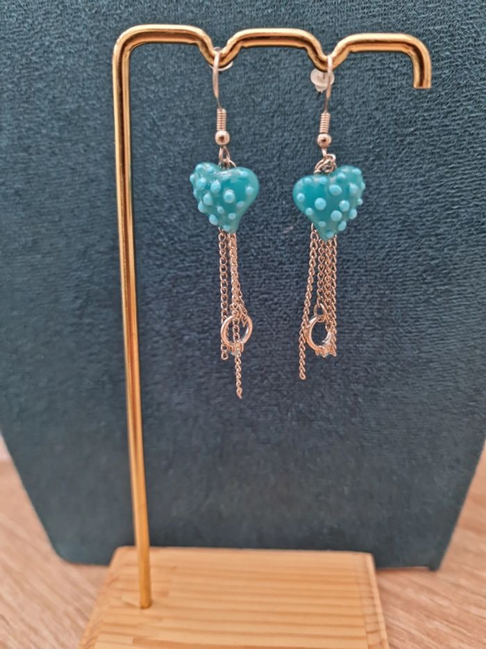 Boucles D'oreilles Argentées Fraise Bleu Bague Argenté Strass - photo numéro 4