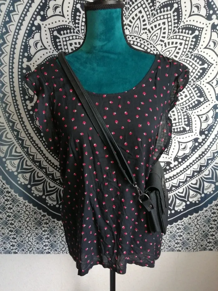 Tee-shirt noir bi matière à motifs fraises / etam / (M)