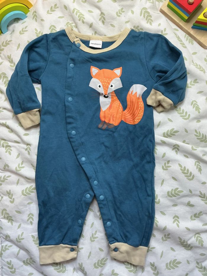 combinaison sans pieds ouverture devant dessin renard devant bleu newborn - photo numéro 3