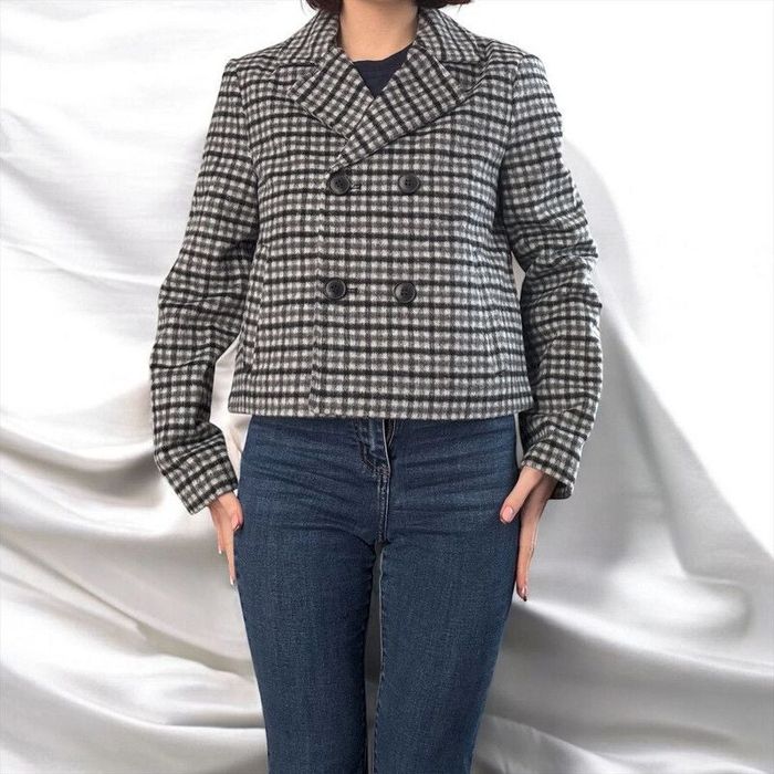 Manteau court laine à carreaux noir/gris