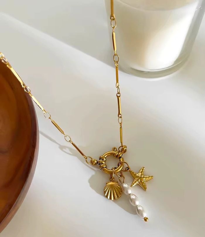 Collier “Trio Marin” en acier inoxydable 316L, pendentifs coquillage, étoile de mer & perle d’eau - photo numéro 5