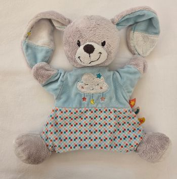Doudou plat Lapin marionnette bleu et gris - Nuage - Pois - Influx