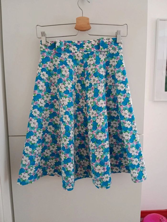 Magnifique Ensemble vintage 70's bleu fleurs roses /blanches taille 34 - photo numéro 3