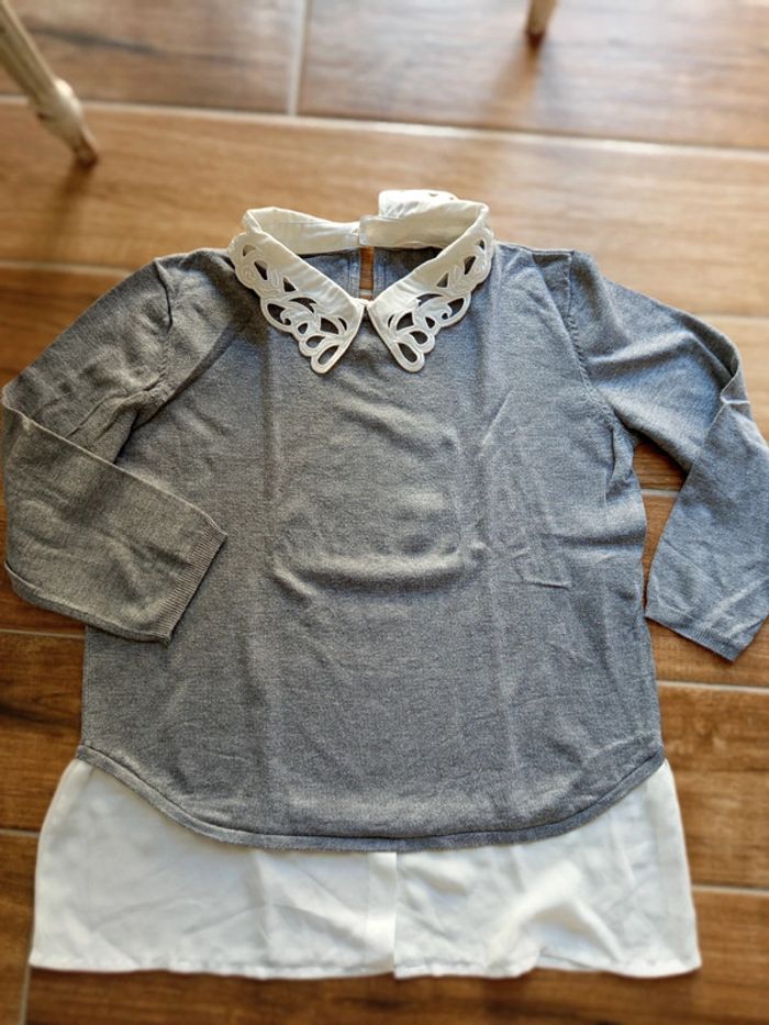 Pull chemise 2 en 1 gris avec col dentelle Naf Naf - photo numéro 2