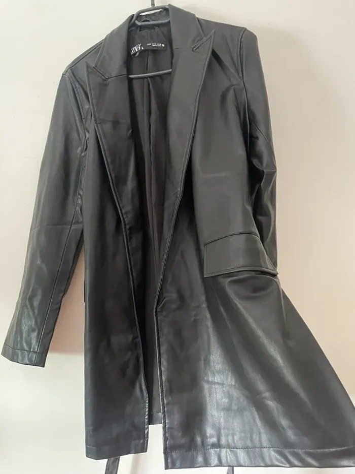 Zara Veste blazer mi-long en similicuir ceinturée taille XS - photo numéro 8