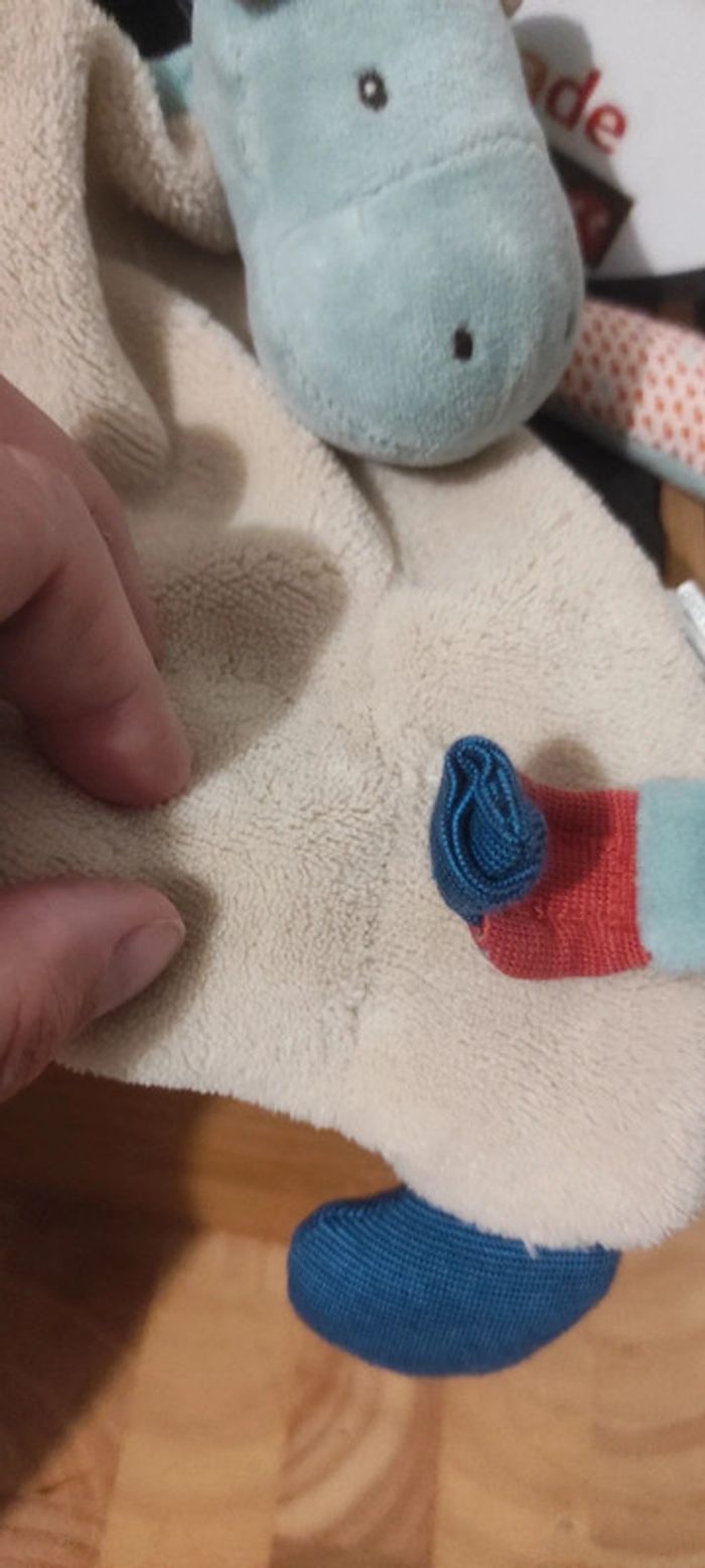 Doudou hippopotame Moulin roty Les Papoum beige bleu Plat Éléphant Dentition - photo numéro 3