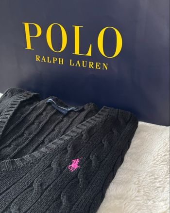 🩷 Pull Neuf Torsadé Col V Ralph Lauren Noir Logo Rose Fuchsia - Taille M/38