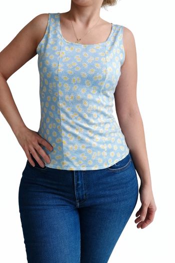 Débardeur fleuri vintage fait main bleu ciel/ blanc T38 H*