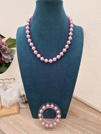 Parure Collier Bracelet De Perles Rose Lila Doré