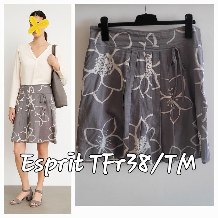 Esprit Jupe Plissée TFr38 -Gris & Crème - Impression Floral sur fond uni en TBE