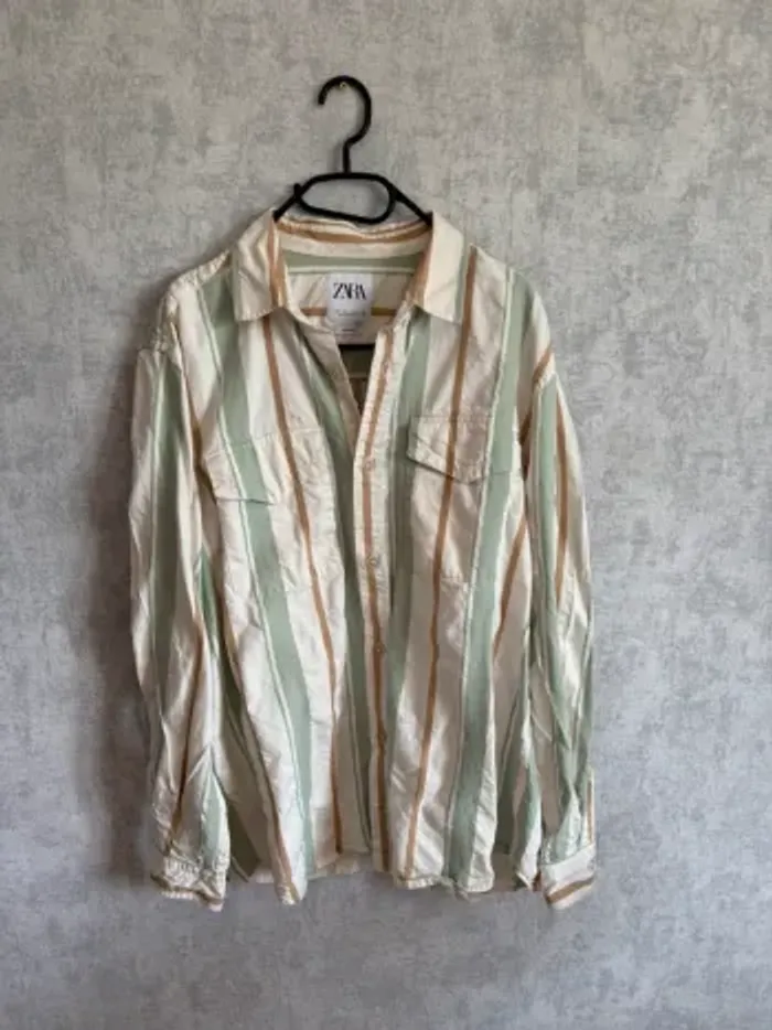 Chemise Zara à rayures beige, vert et marron taille L