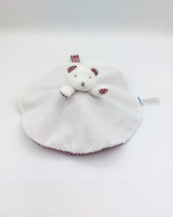 Doudou rond JACADI ours blanc chien réversible carreaux bleu rouge attache tétine