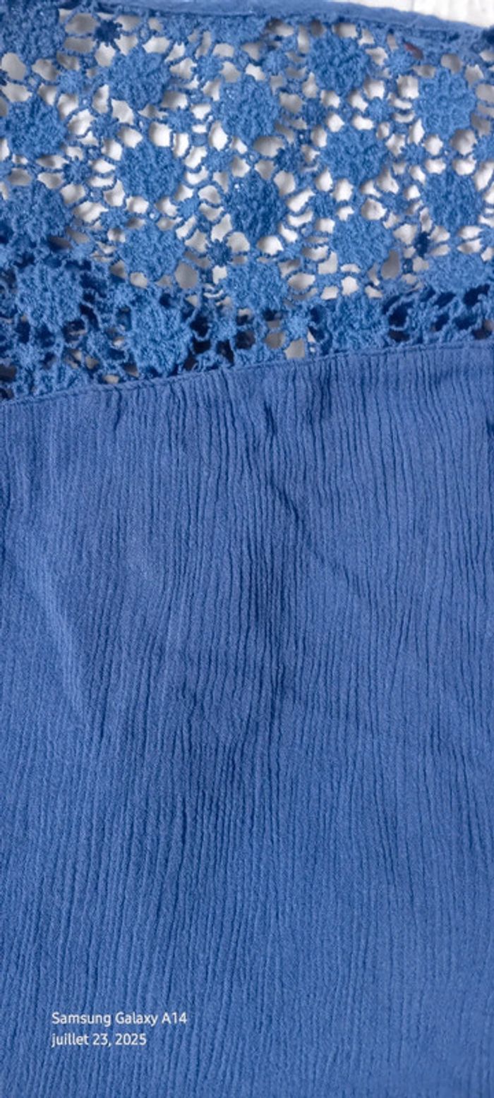 Blouse courte manches pagodes avec dentelle tissus plissé lien à pampilles bleu femme L - photo numéro 18