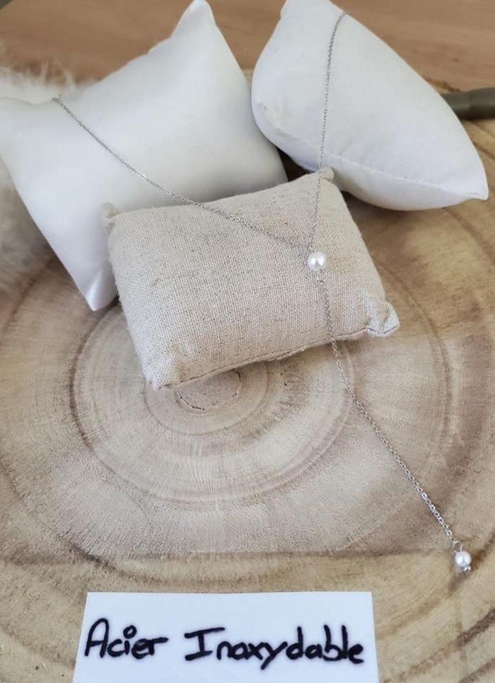 Collier cérémonie mariage long acier nacre argent - photo numéro 2