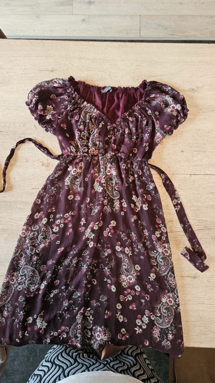 Robe d été en toile doublé mauve à manches courtes, Cassis, taille 38, neuve - photo numéro 6