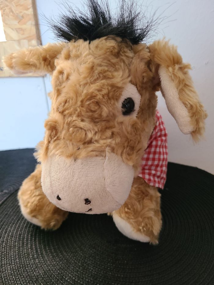 doudou peluche ane marron mi longs blanc tissu vichy rouge - photo numéro 6