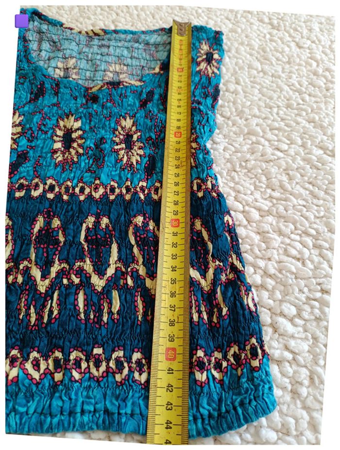 Rare vintage Haut smocké imprimé bleu et rose – Rayon festival motif old school piece unique - photo numéro 6
