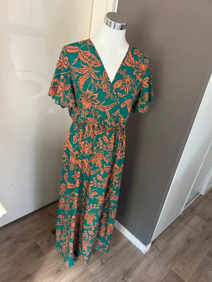 Boutique indépendante, robe, longue imprimée, florale, vert et orange. Femme, taille L/40. - photo numéro 5