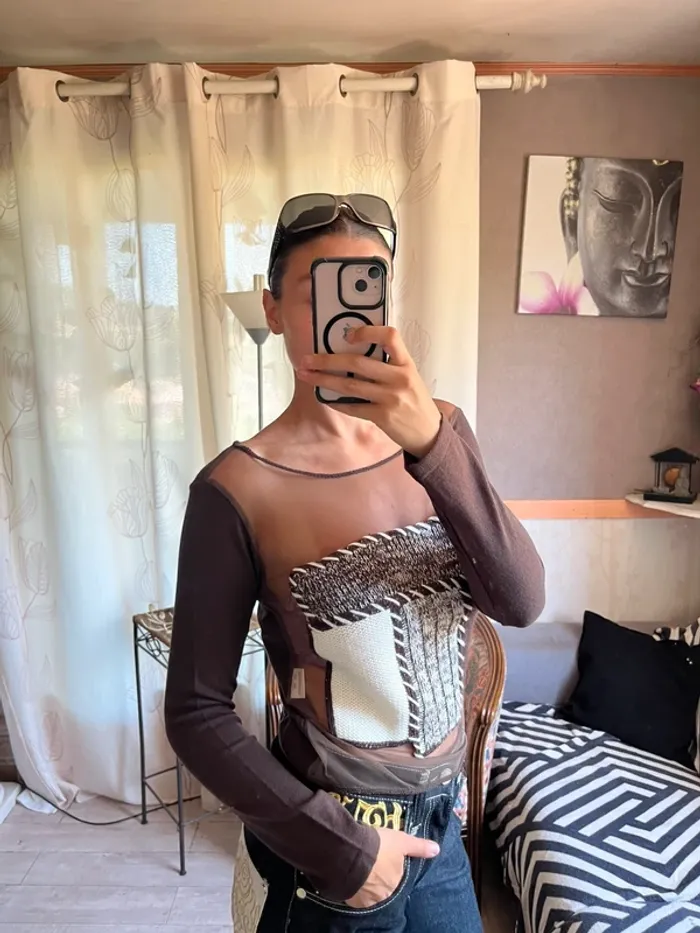 Top laine mesh bi matière asymétrique grunge y2k 2000yer - photo numéro 2