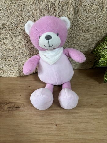 Doudou ours rose bandana blanc mes petits cailloux