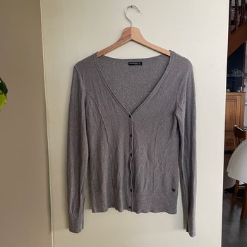 Gilet gris pailleté Bonobo Jeans Taille M fil métallisé décolleté V manches longues
