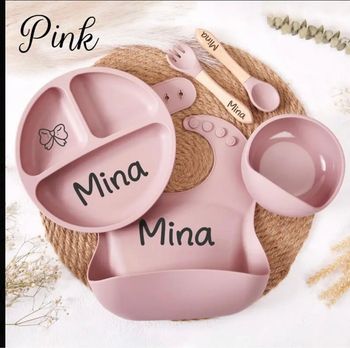 Ensemble vaisselle repas pour bébé à personnaliser Rose Neuf